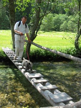 Xenia und Herrchen gehen ber eine kleine Brcke